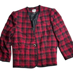 Vintage Koret Women’s Blazer Jacket Red Black Plaid Wool Blend Lined Size‎ 24W